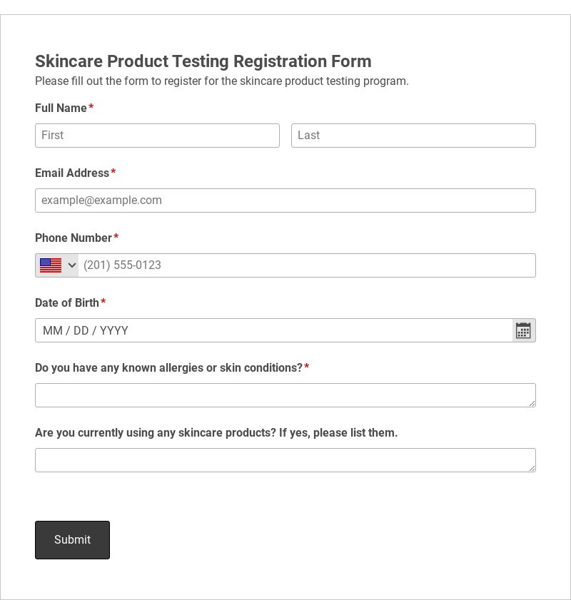 Skincare Product Testing Registration Form Template form template