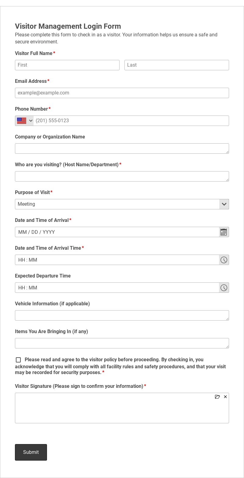 Visitor Management Login Form Template form template