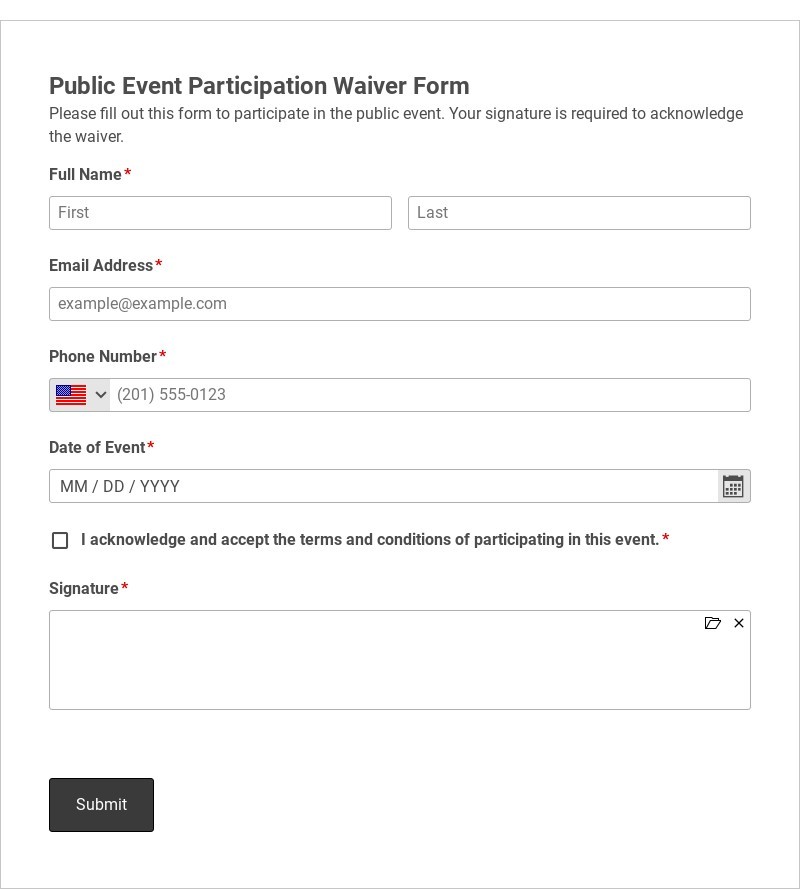 Public Event Participation Waiver Form Template form template