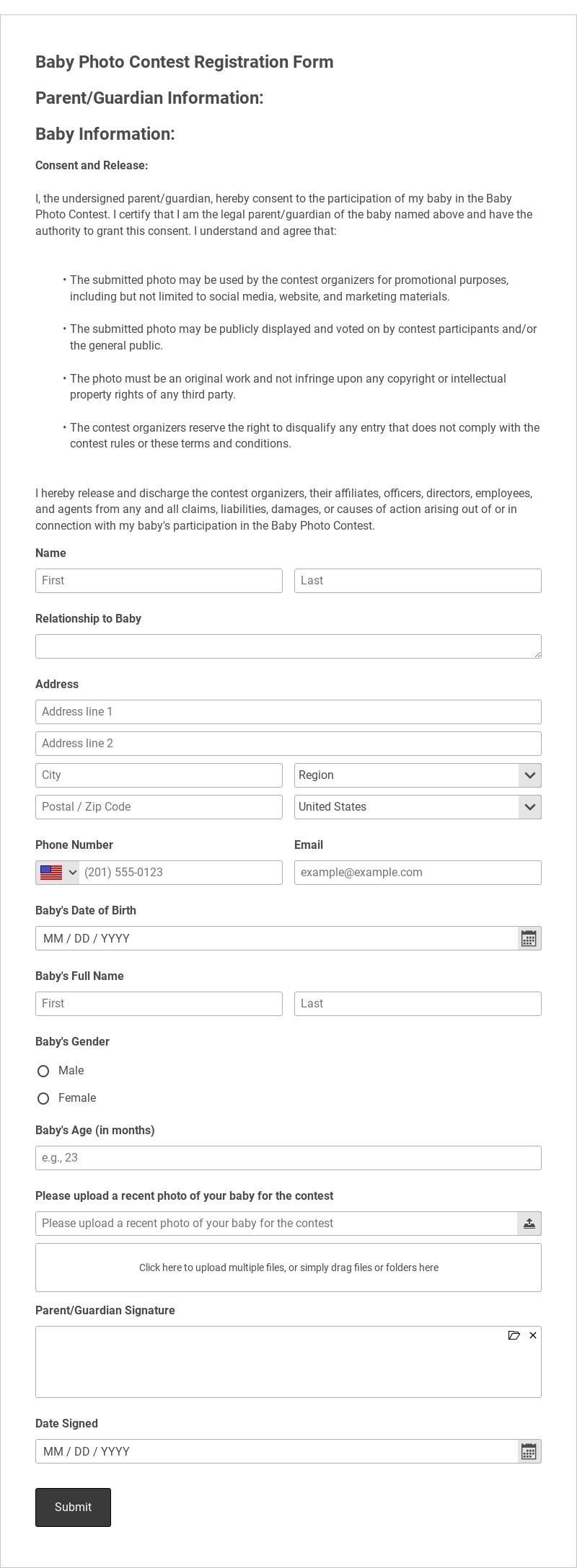 Baby Photo Contest Registration Form Template form template