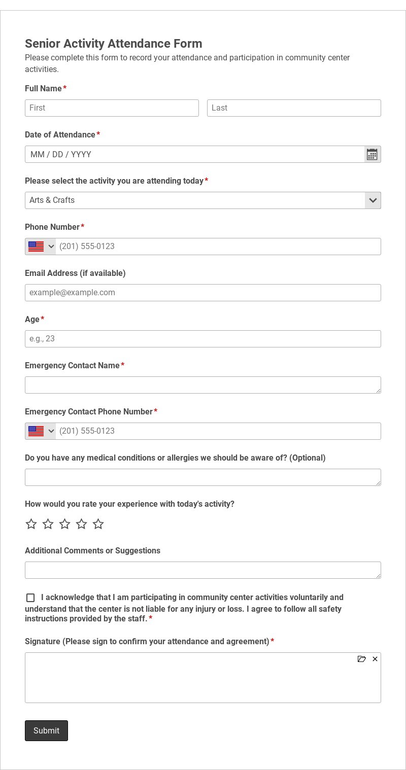Senior Activity Attendance Form Template form template