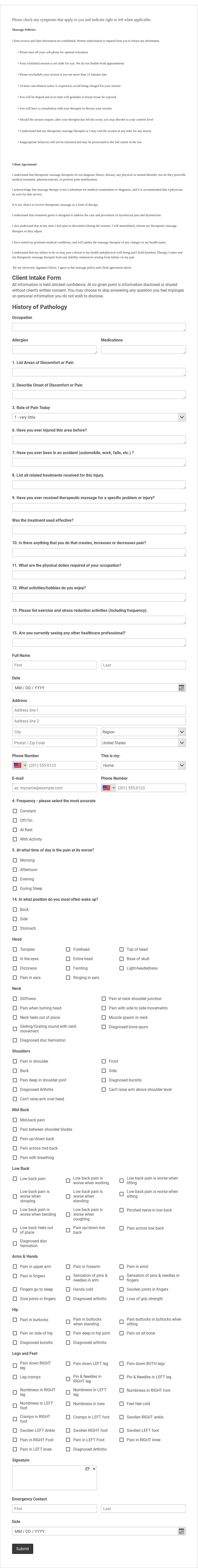 Massage Therapy Client Intake Form Template
