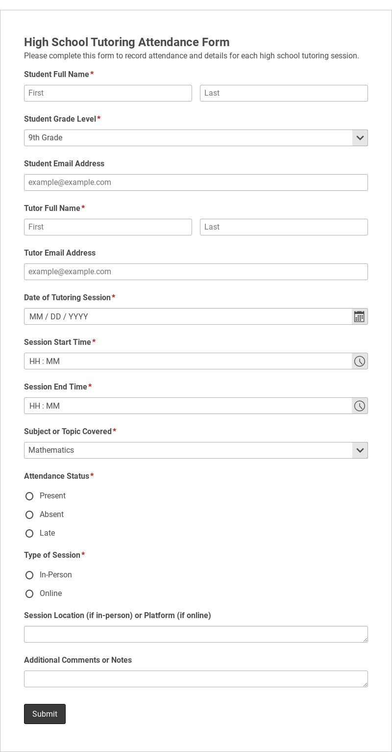 High School Tutoring Attendance Form form template