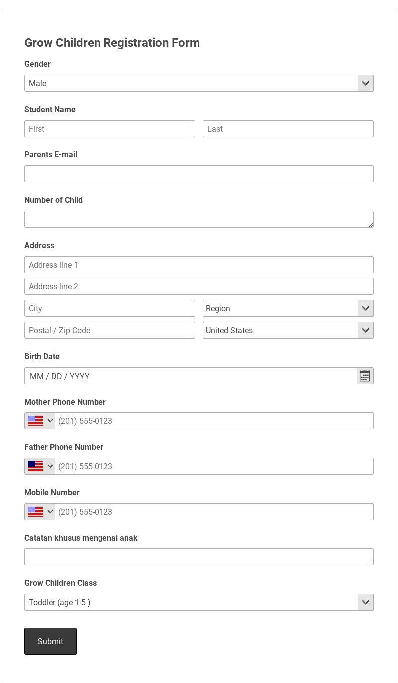 Grow Children Registration Form Template