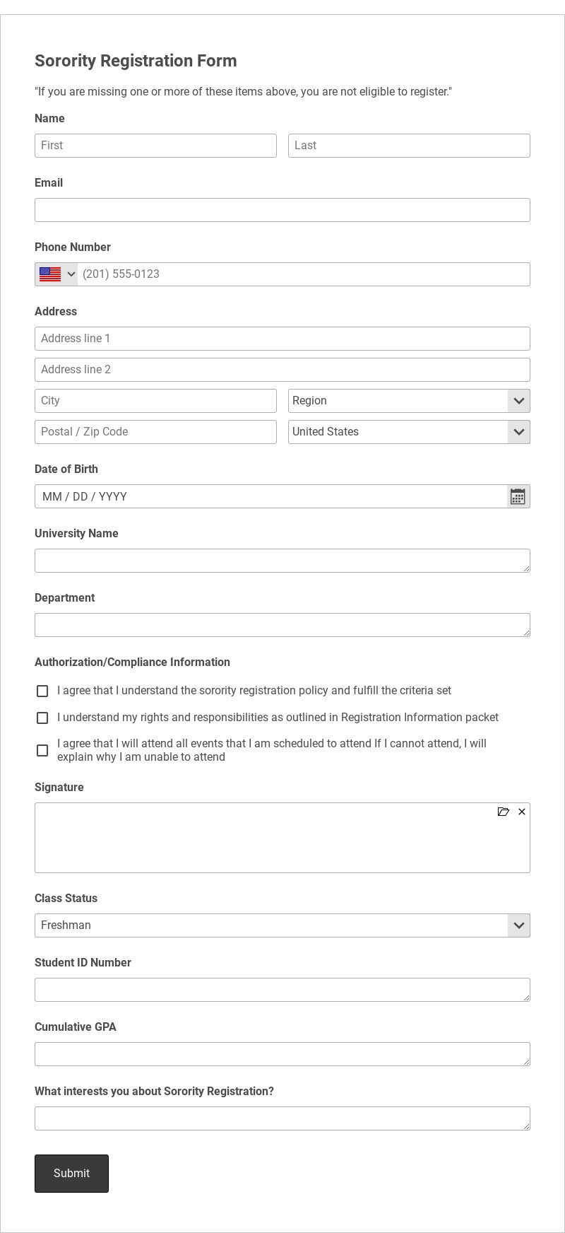 Sorority Registration Form Template form template