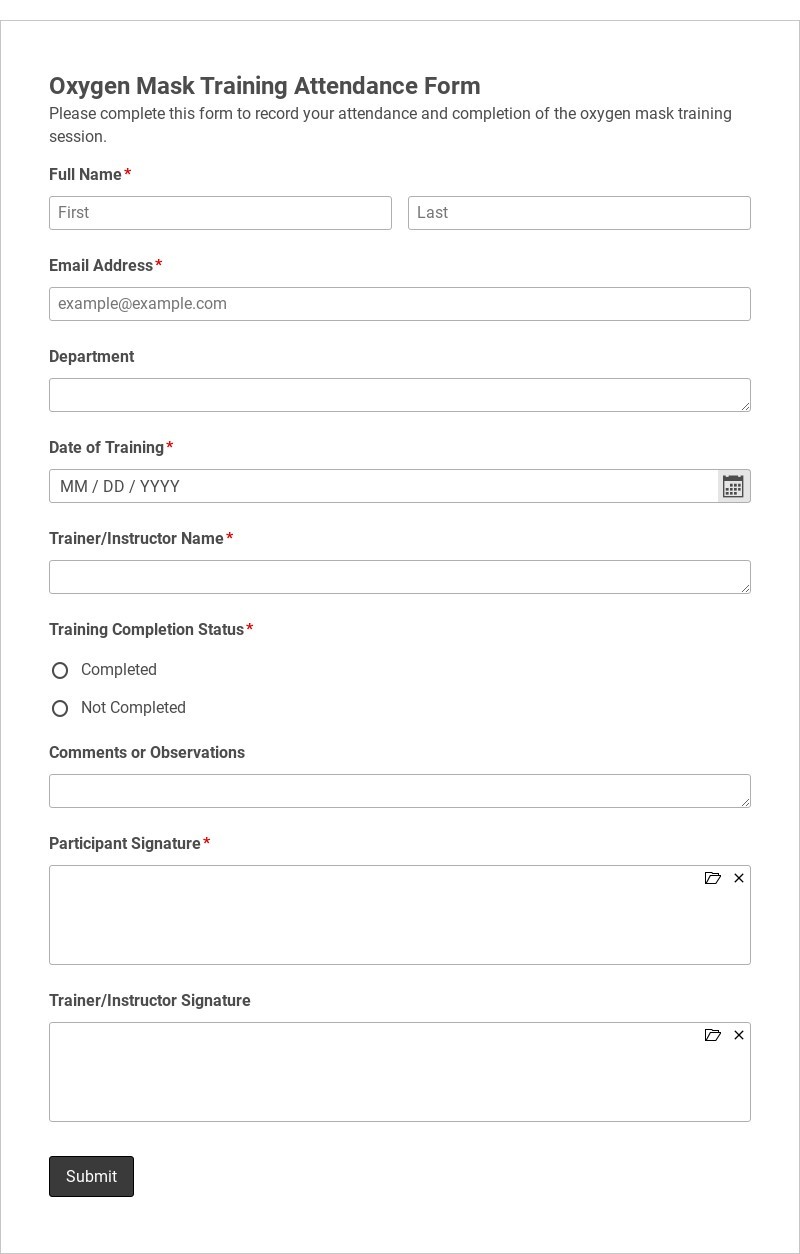Oxygen Mask Training Attendance Form Template