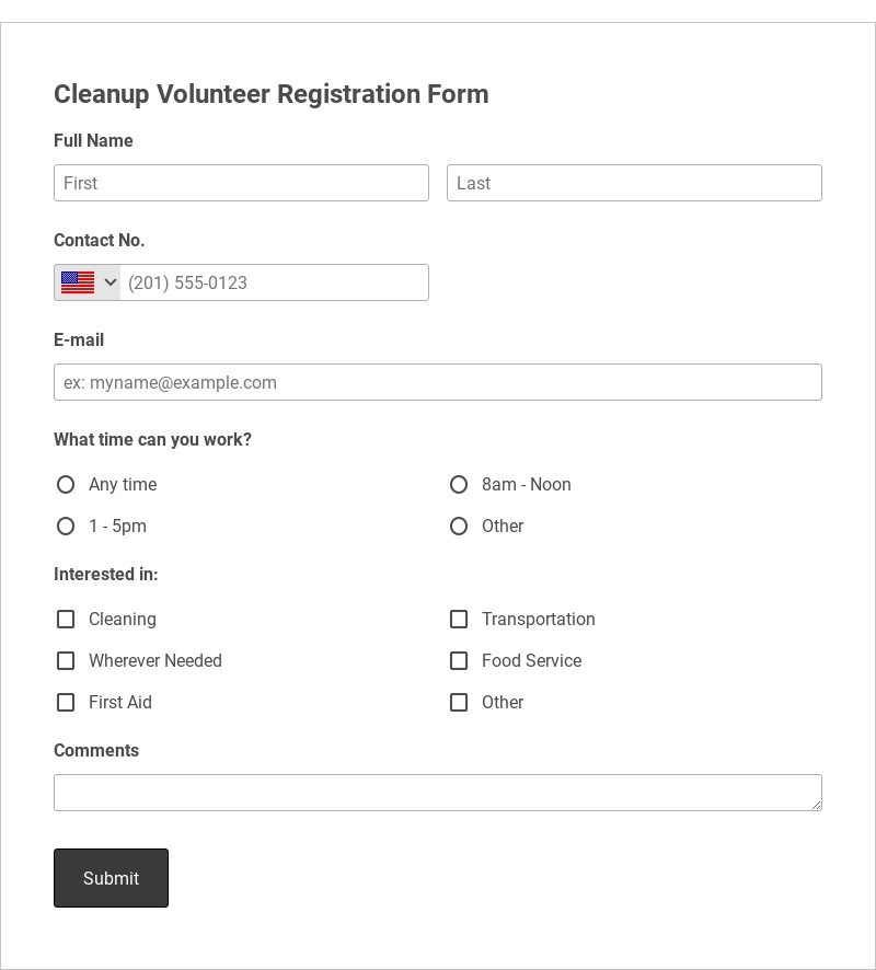 Cleanup Volunteer Registration Form Template form template