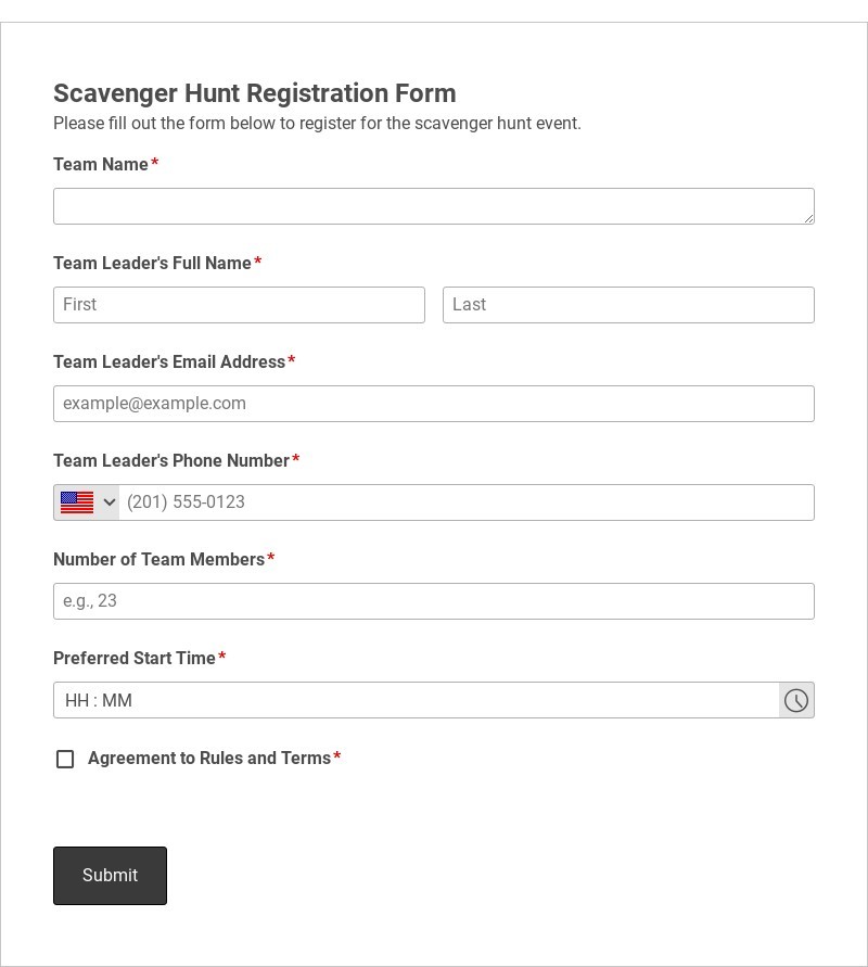 Scavenger Hunt Registration Form Template form template