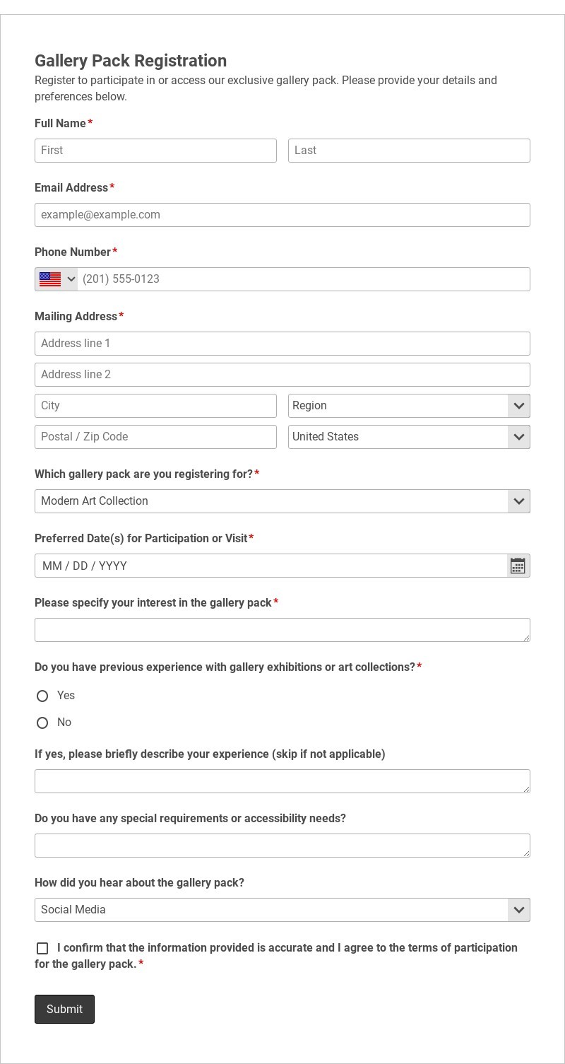 Gallery Pack Registration Template form template