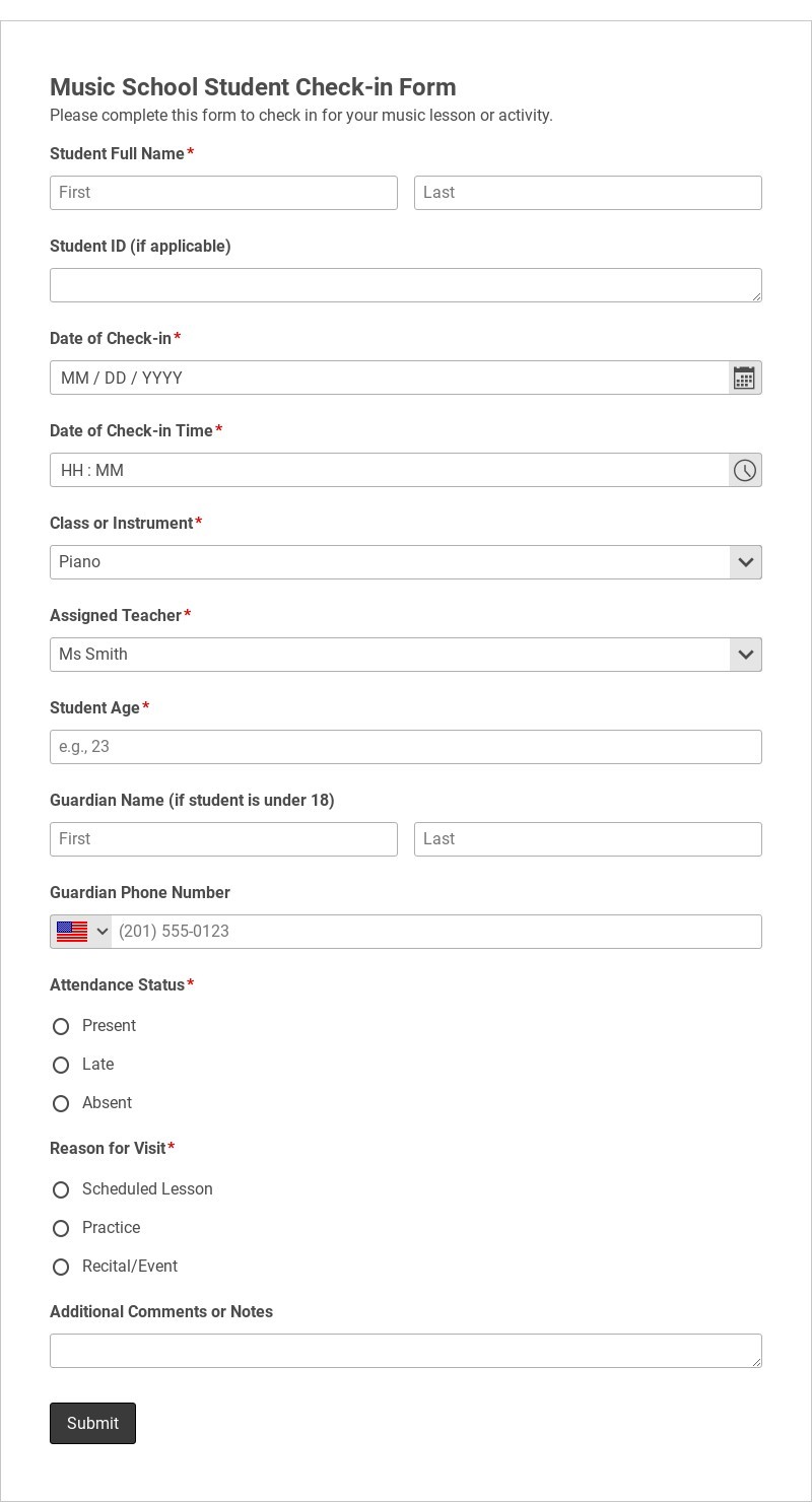 Music School Student Check-in Form Template form template
