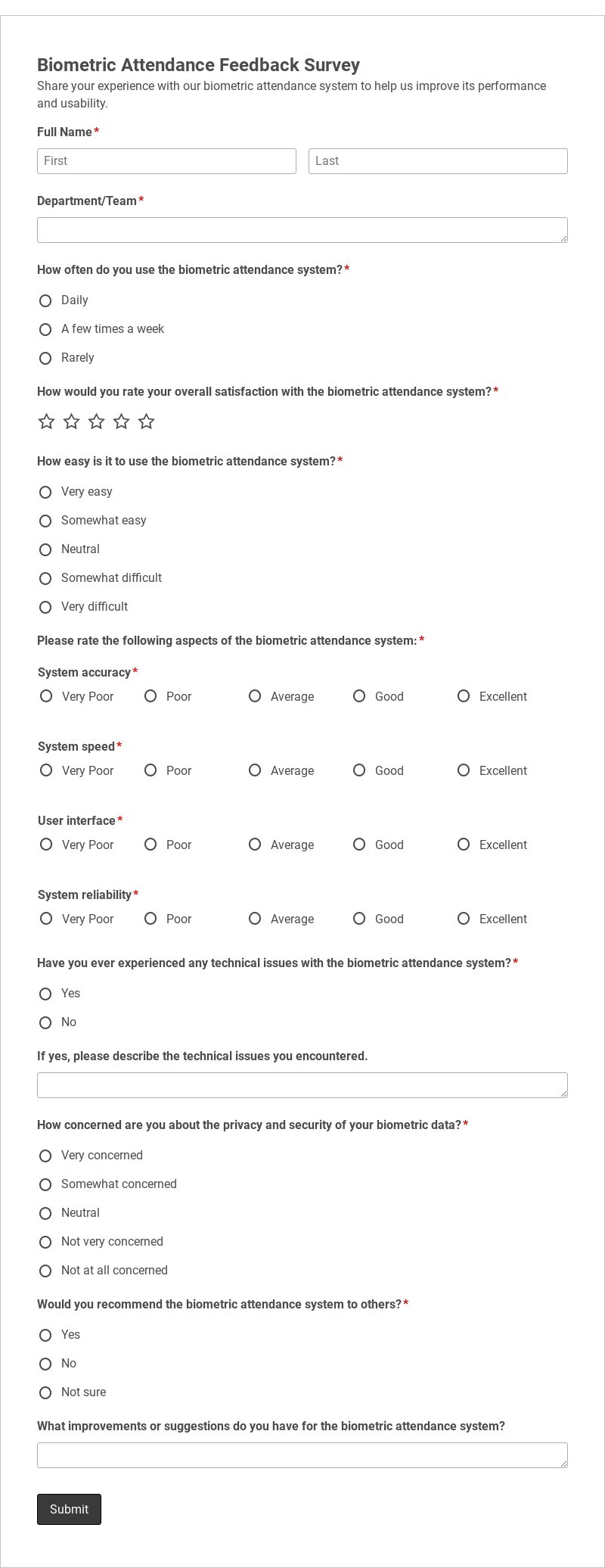 Biometric Attendance Feedback Survey Template form template