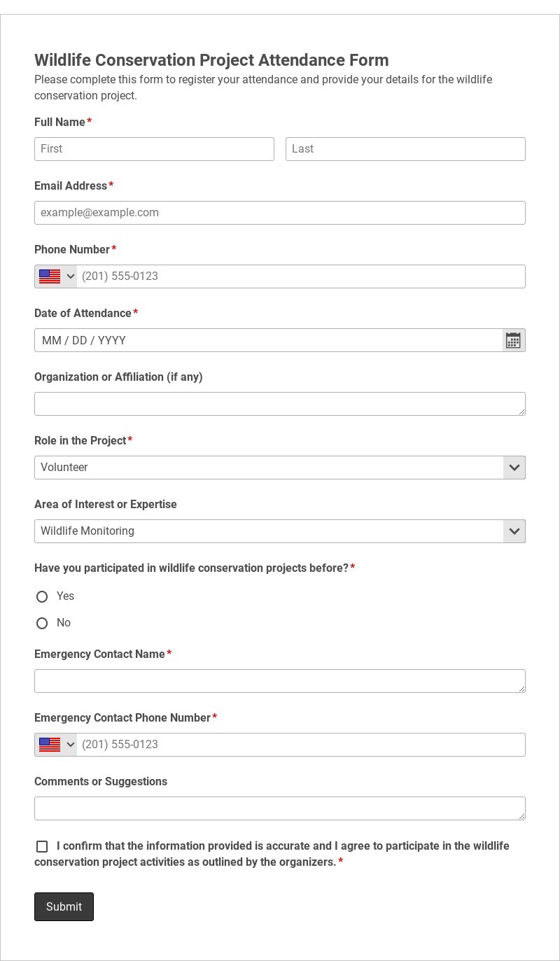 Wildlife Conservation Project Attendance Form Template form template