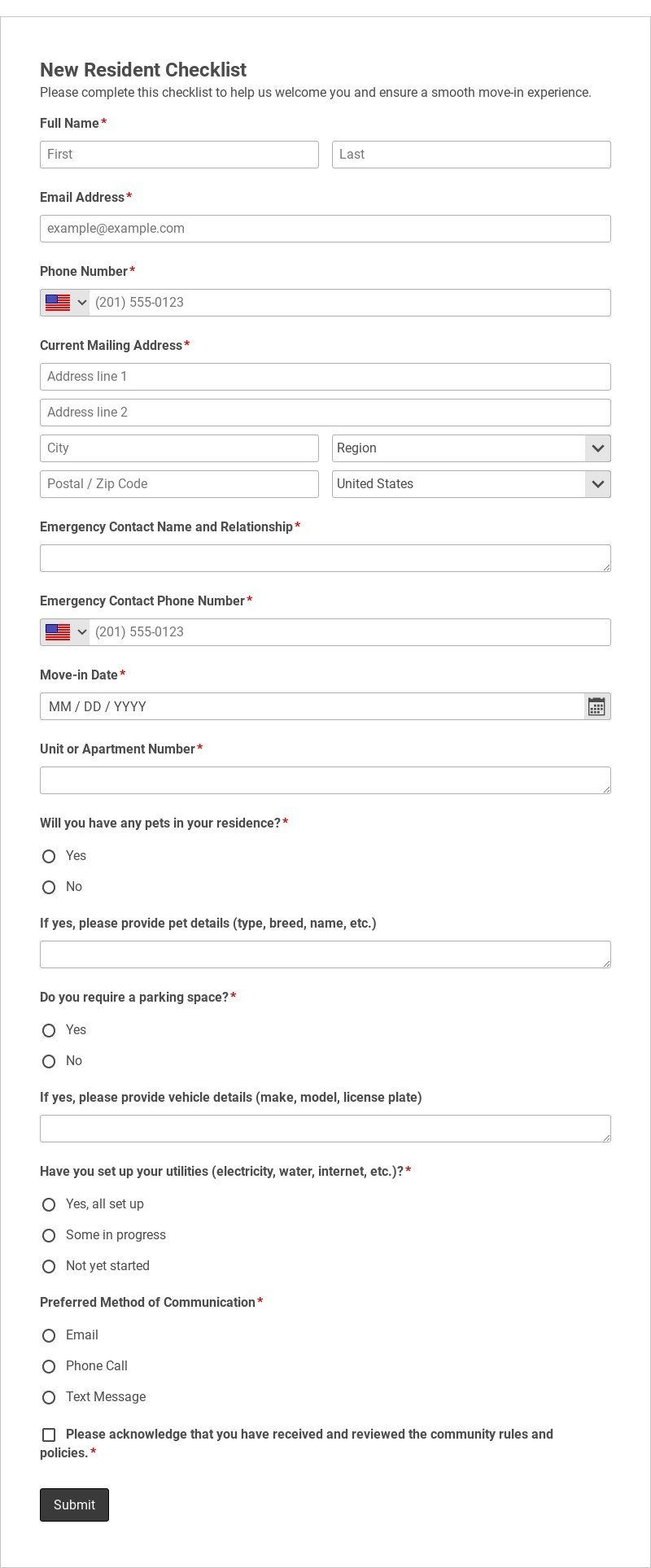 New Resident Checklist Template form template