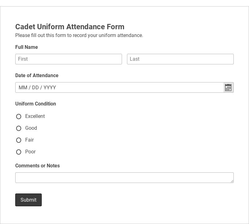 Cadet Uniform Attendance Form