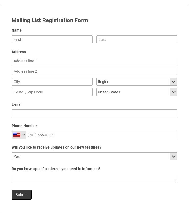 Mailing List Registration Form Template form template