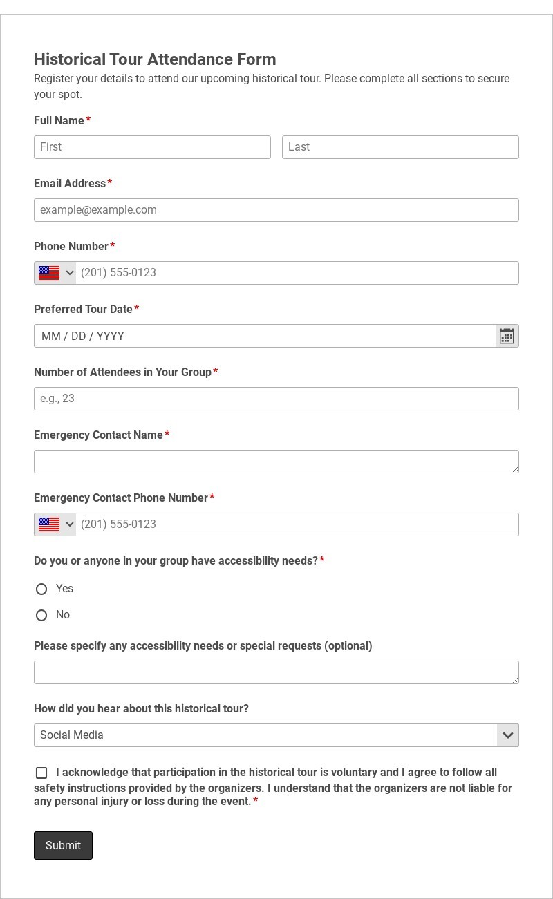 Historical Tour Attendance Form Template form template