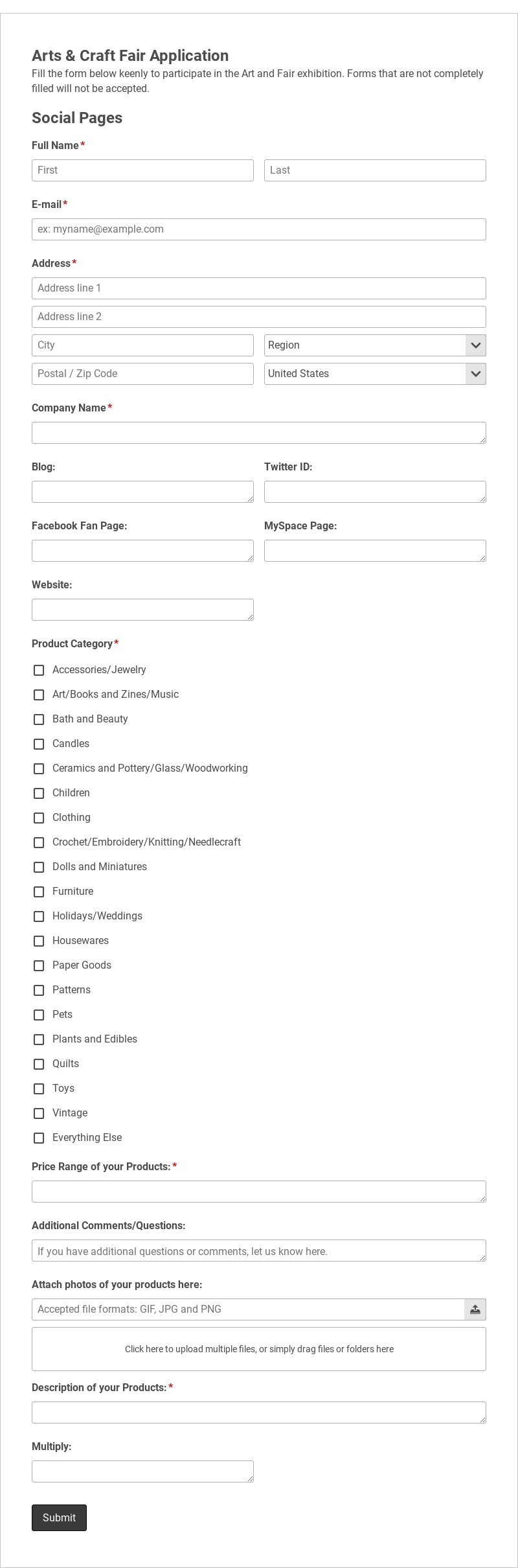 Arts and Craft Fair Application Form Template form template