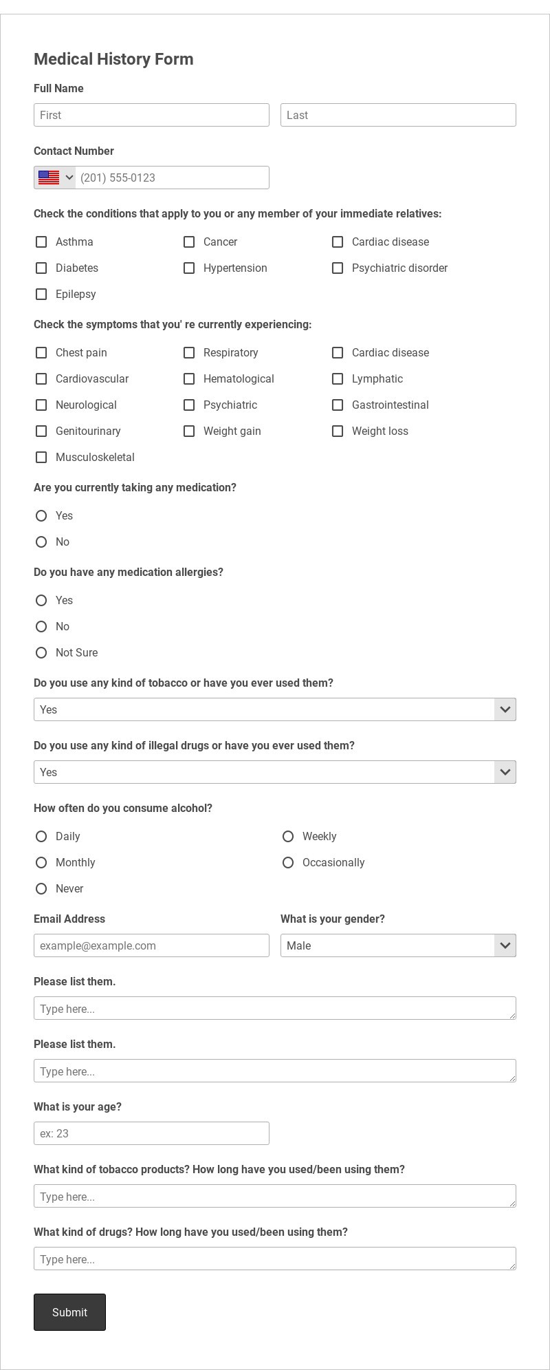 Medical History Form Template form template