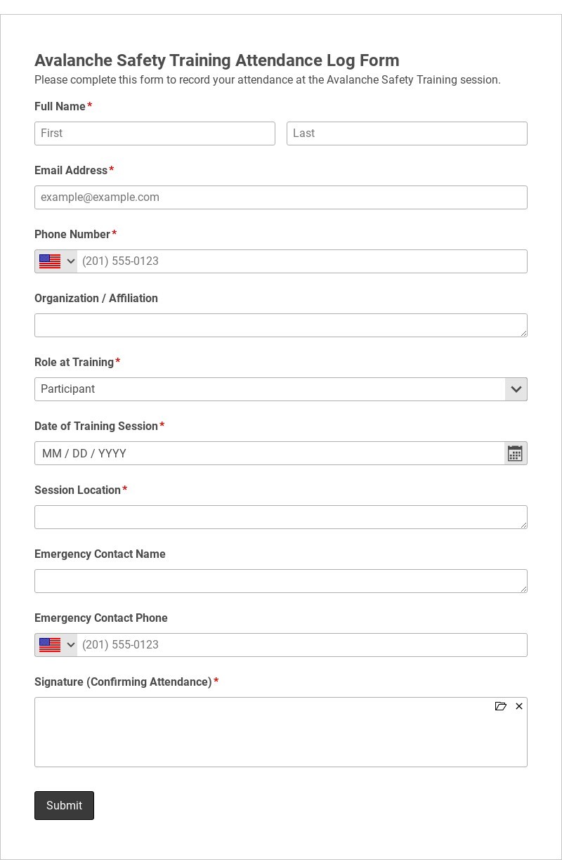Avalanche Safety Training Attendance Log Form Template