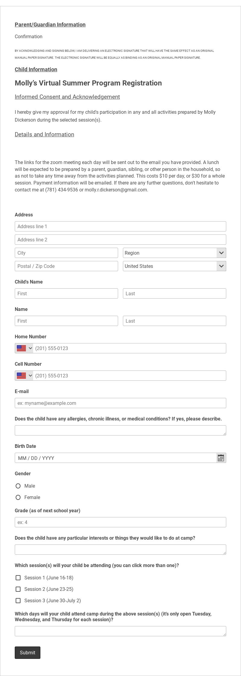 Summer Program Registration Form Template form template