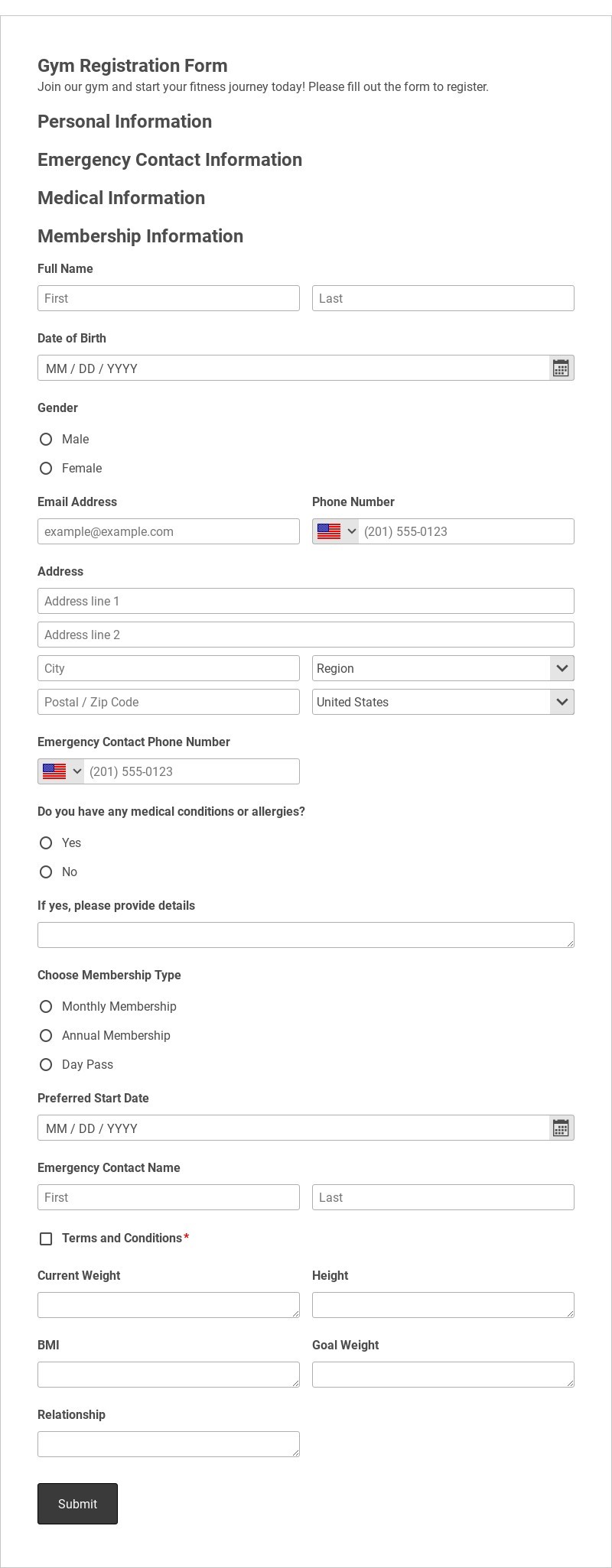 Gym Registration Form Template form template