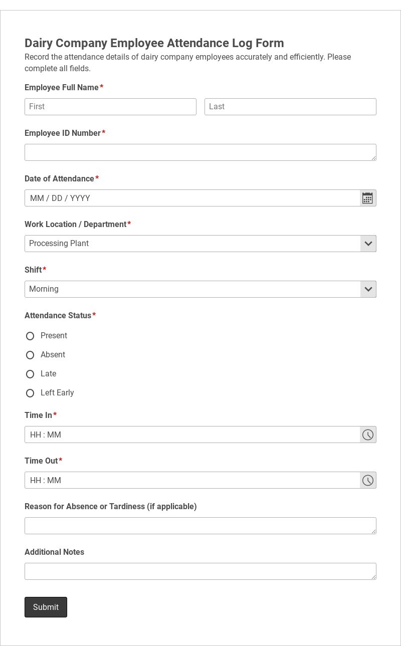 Dairy Company Employee Attendance Log Form Template