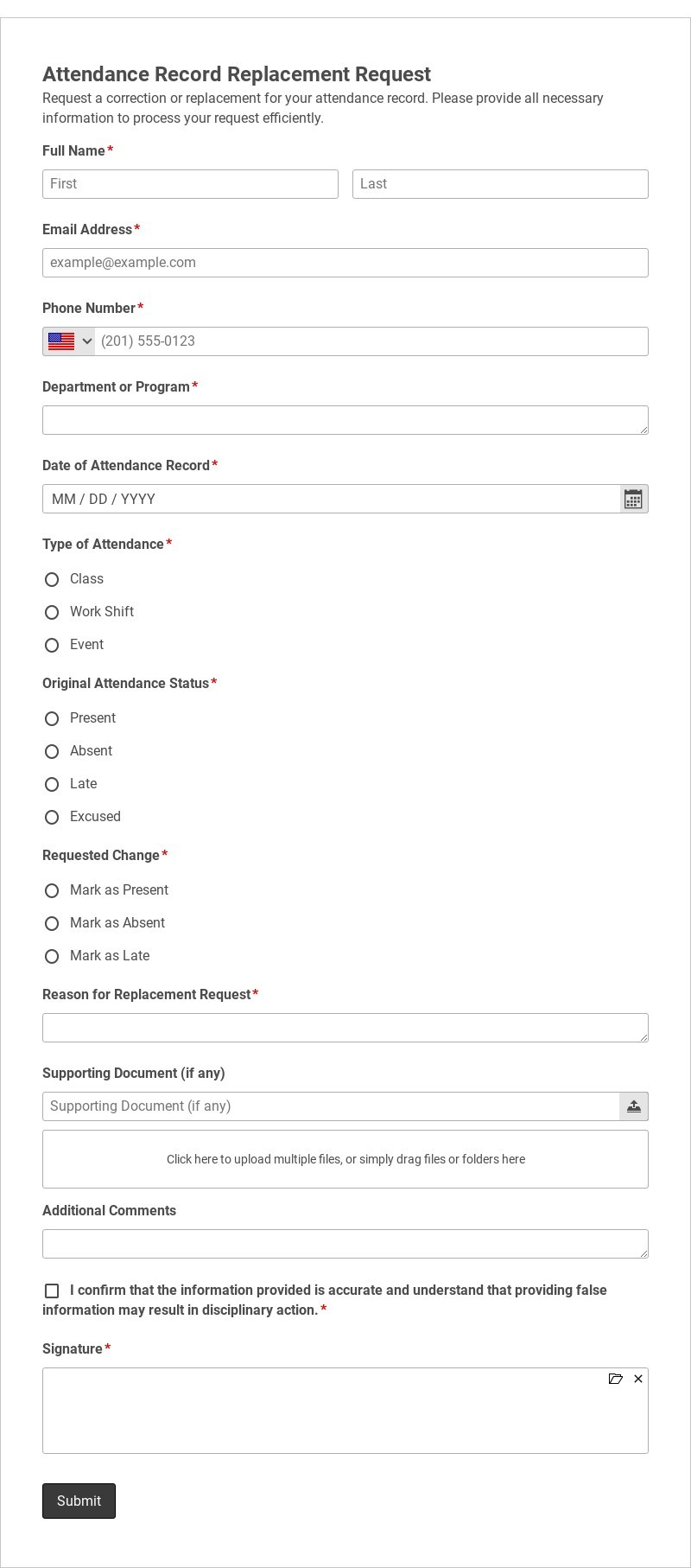Attendance Record Replacement Request Template form template