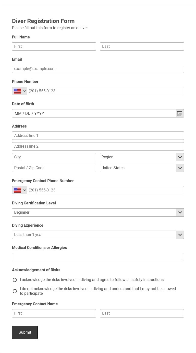 Diver Registration Form Template form template