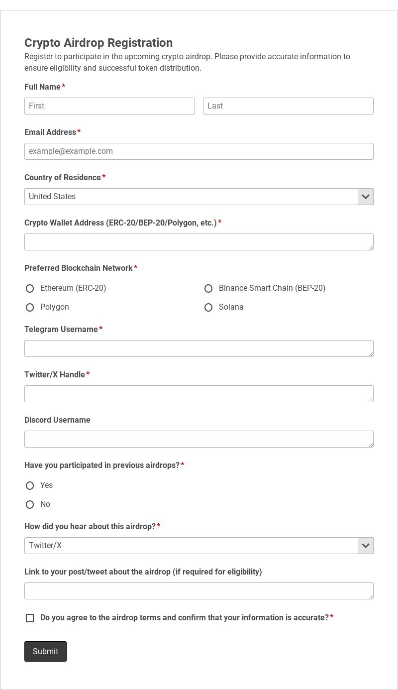 Crypto Airdrop Registration Template form template