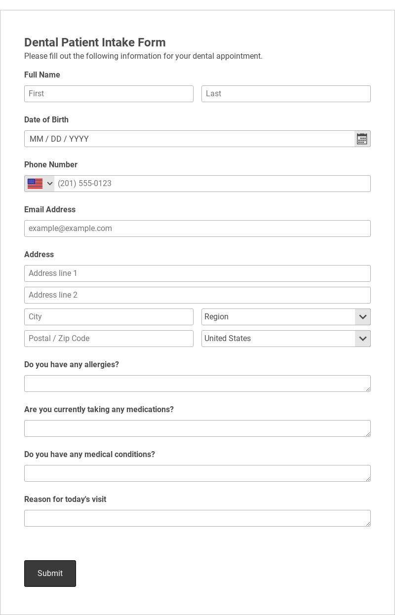 Dental Patient Intake Form Template form template