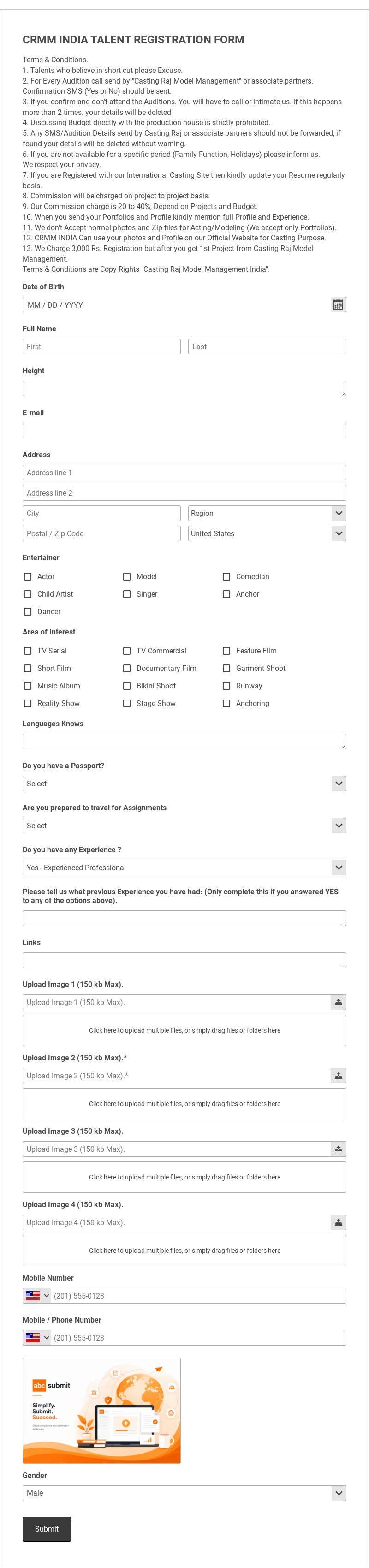 Talent Registration Form for Casting Agency Template form template