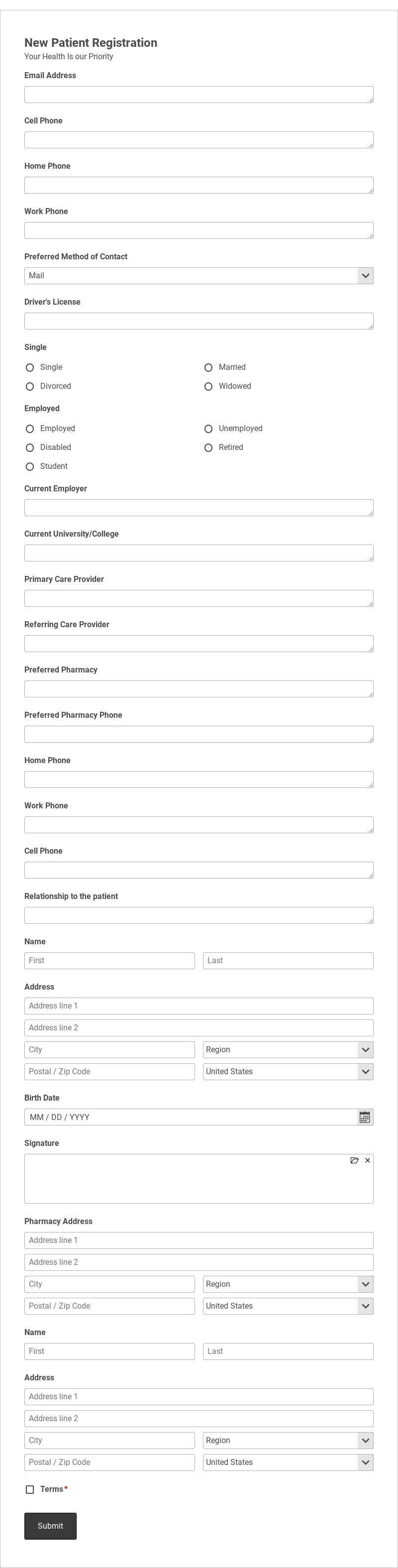 New Patient Registration Template form template