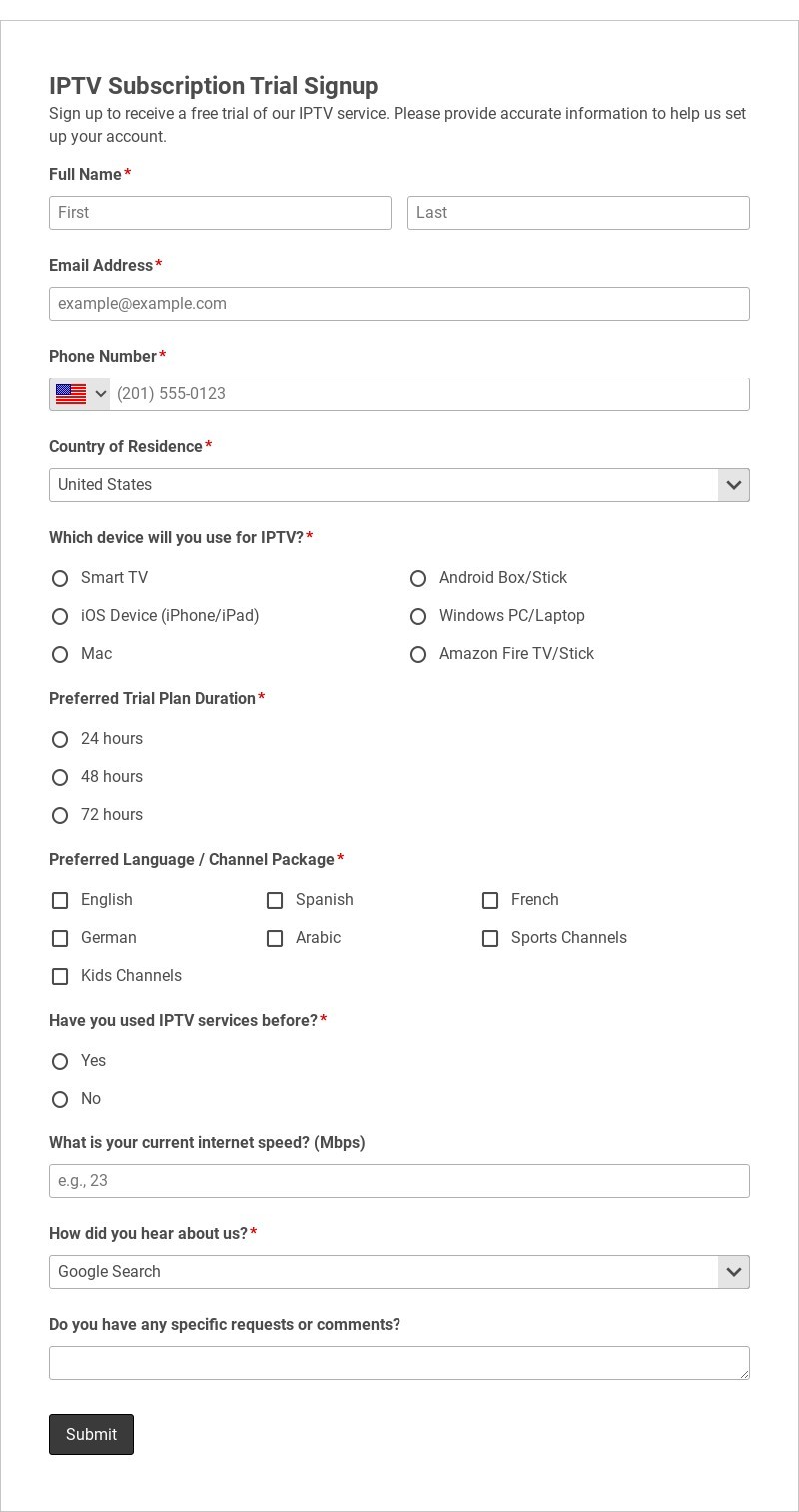 IPTV Subscription Trial Signup Template form template