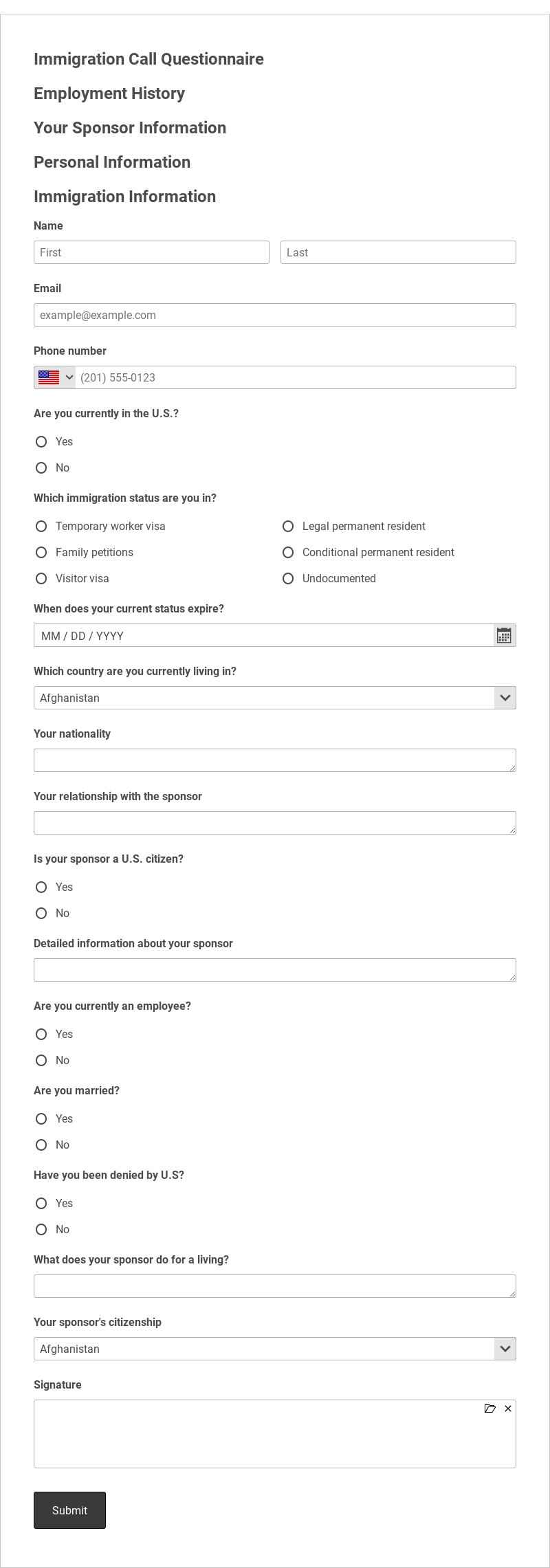 Immigration Call Questionnaire Template