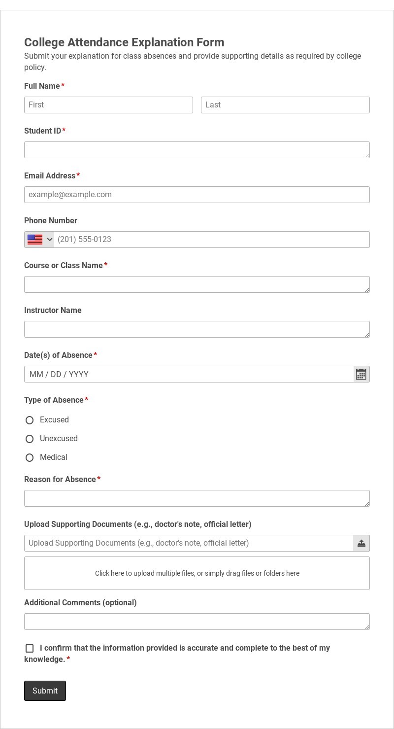 College Attendance Explanation Form Template form template