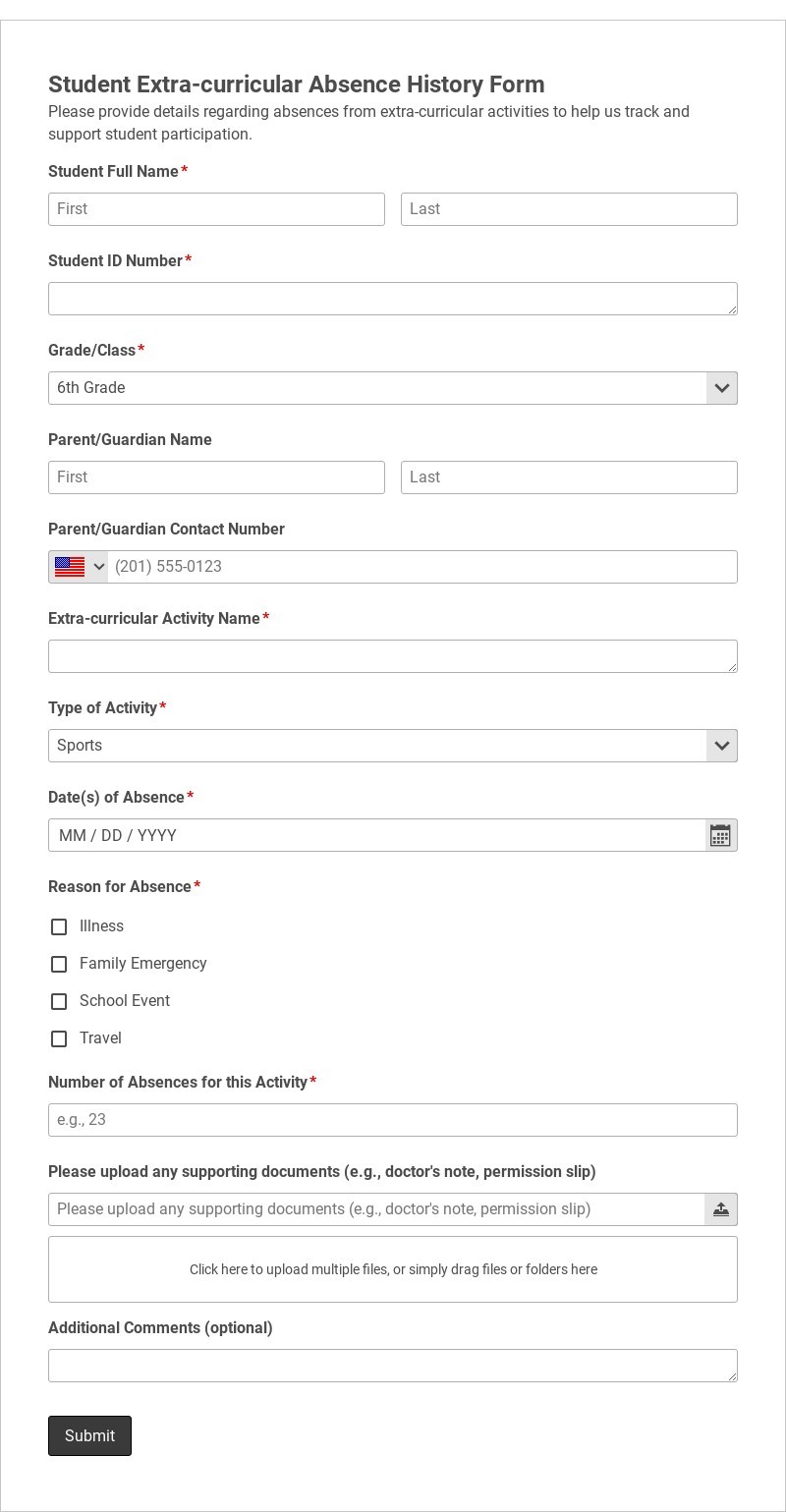 Student Extra-curricular Absence History Form Template form template