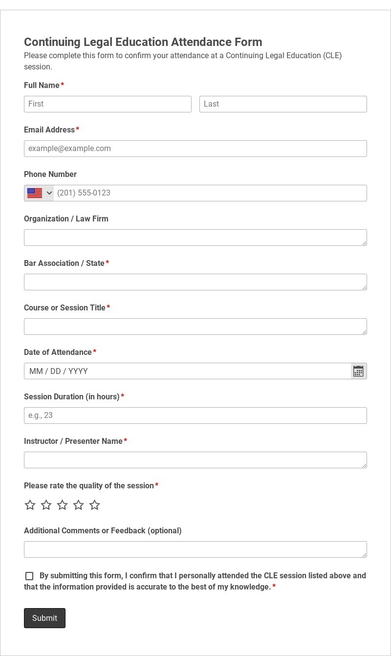 Continuing Legal Education Attendance Form Template form template
