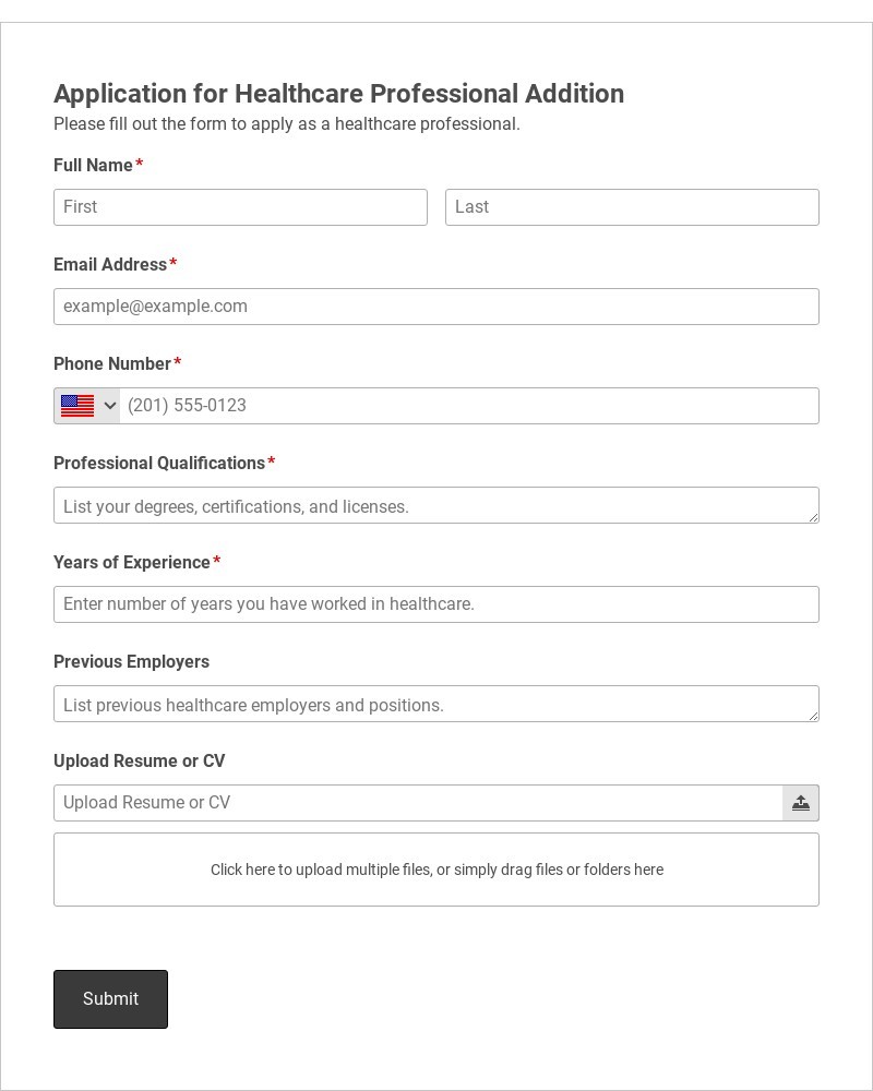 Healthcare Professional Application Template form template
