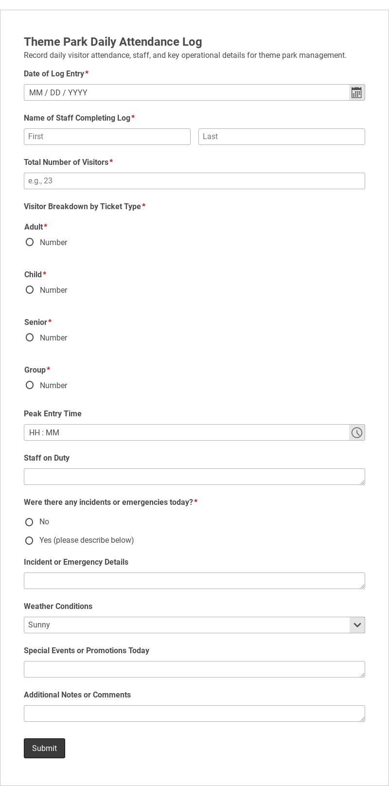Theme Park Daily Attendance Log Template form template