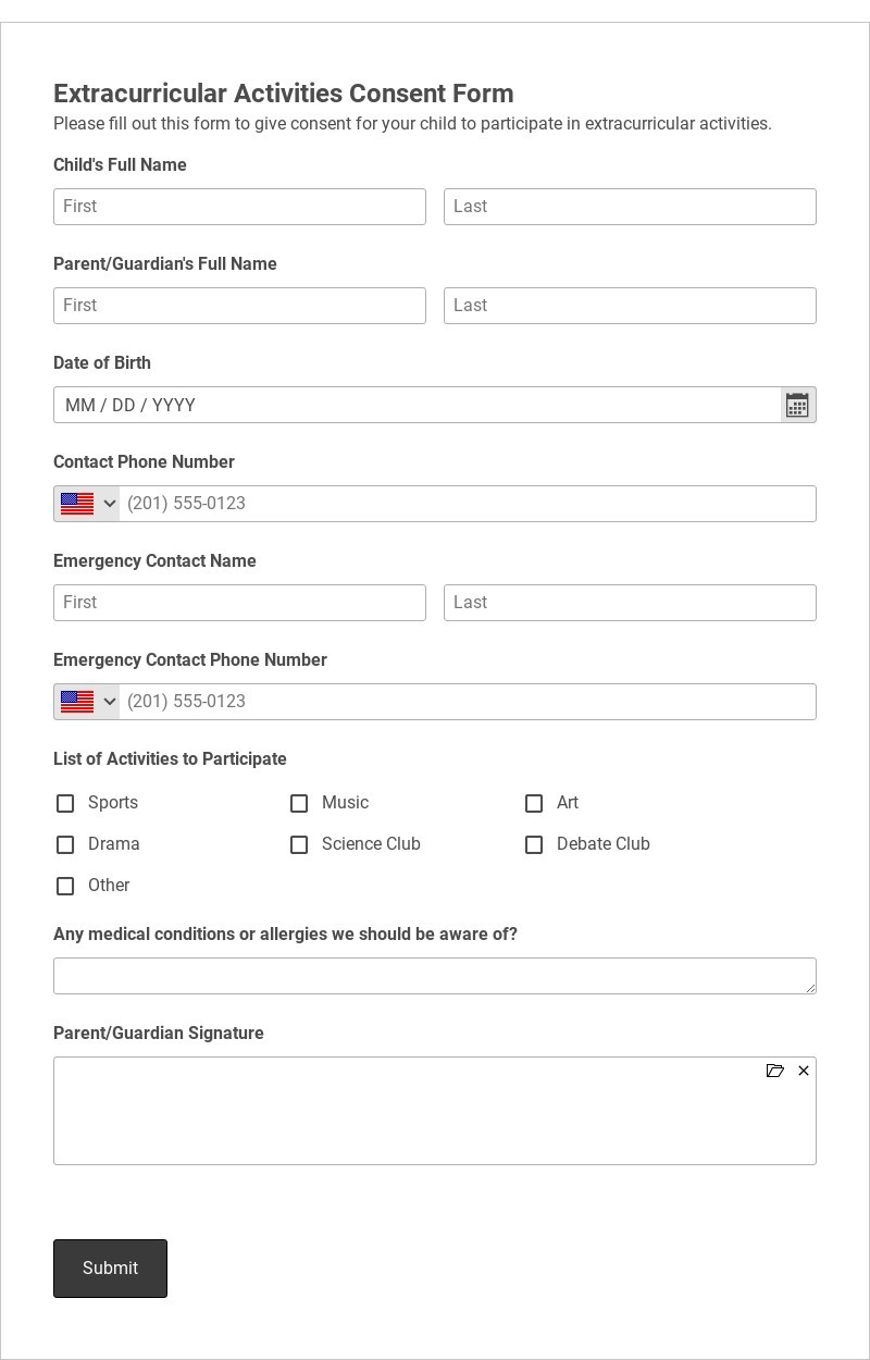 Extracurricular Activities Consent Form Template form template