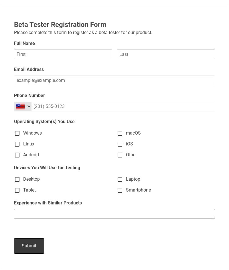 Beta Tester Registration Form Template form template