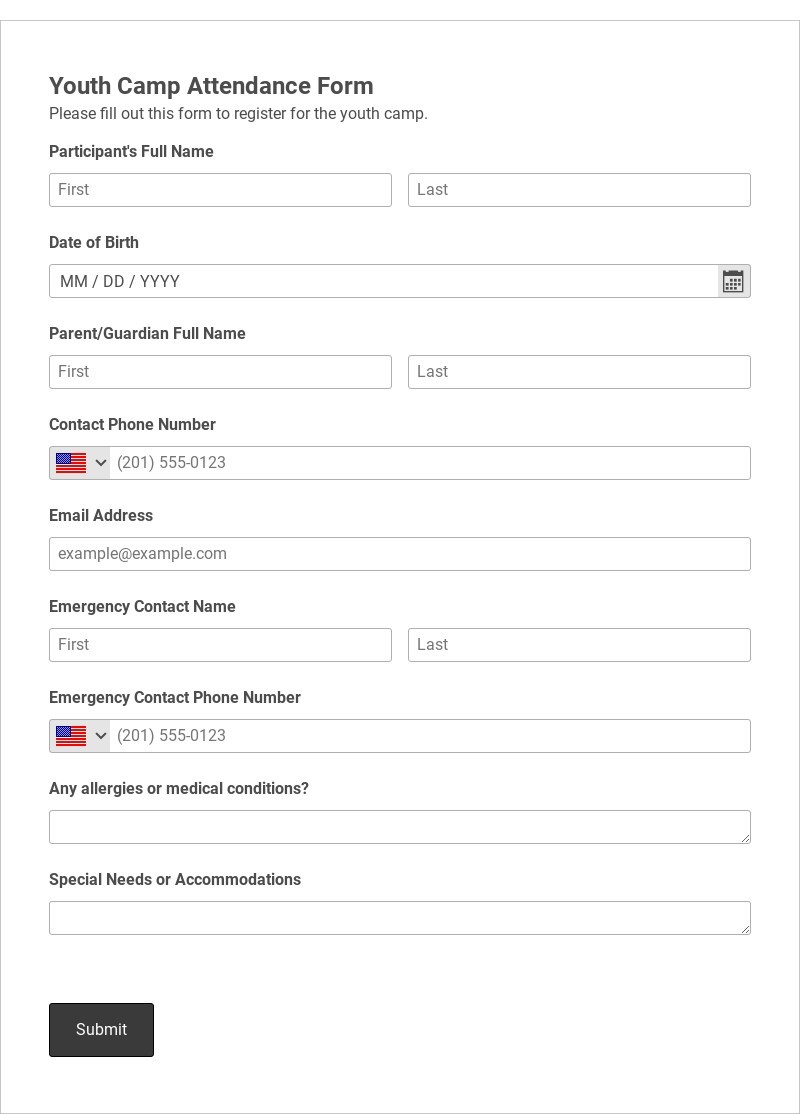 Youth Camp Attendance Form Template form template