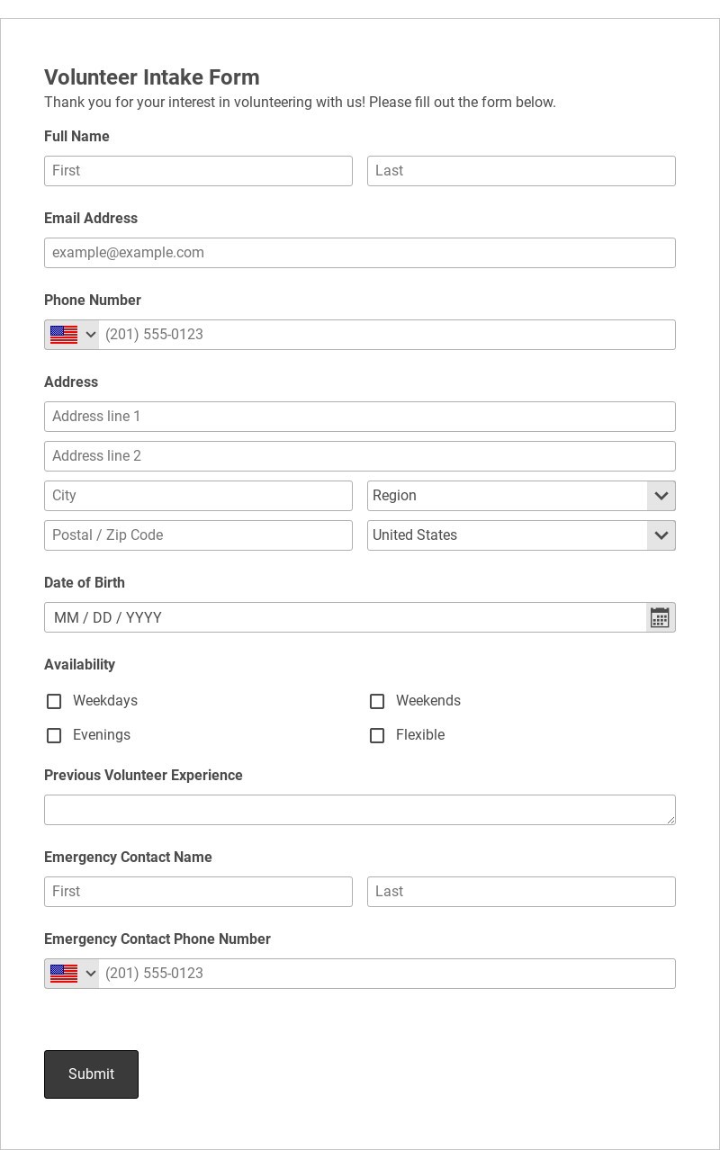 Volunteer Intake Form Template form template