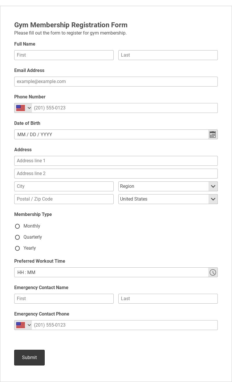 Gym Membership Registration Form Template form template