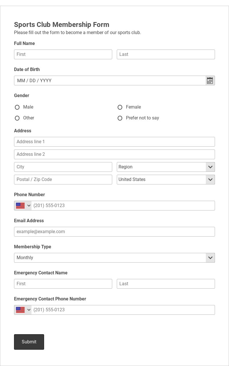 Sports Club Membership Form Template form template