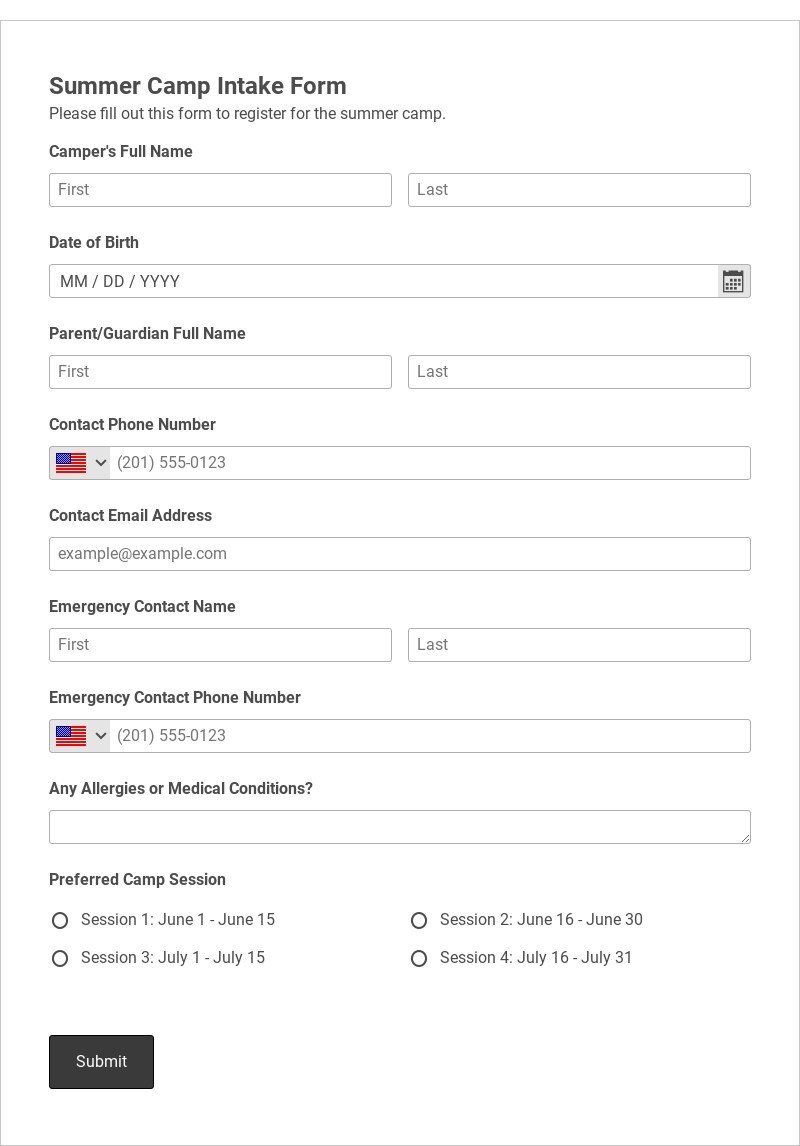 Summer Camp Intake Form Template form template