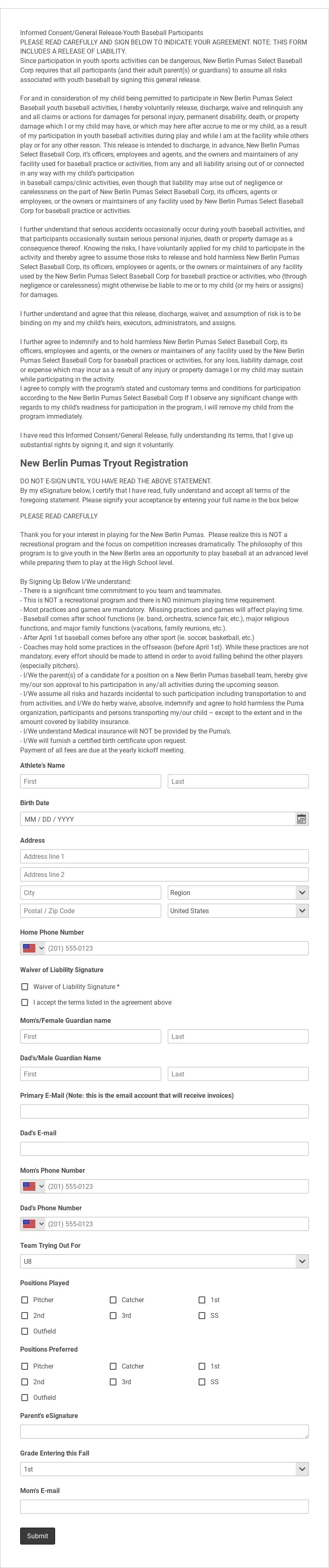 Sports Registration Form. Template