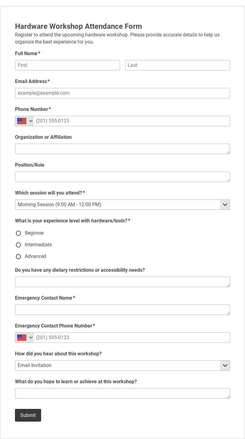 Hardware Workshop Attendance Form Template form template