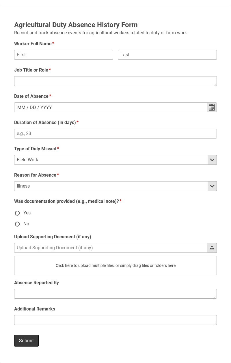 Agricultural Duty Absence History Form Template form template