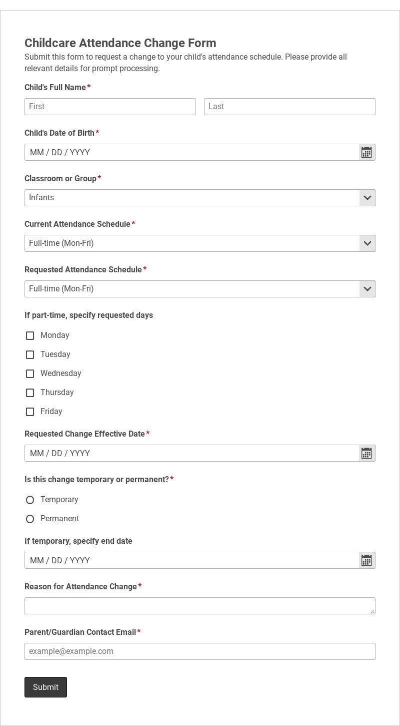 Childcare Attendance Change Form Template form template